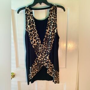 Heimish black criss cross open back tank with cheetah print detail